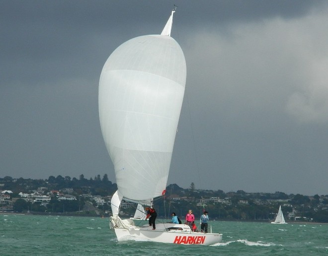 Claire Johnson looks over her shoulder for the next squall that challenged the fleet and the organisers on day 1 - Baltic Lifejackets 2012 NZ Women’s Keelboat Championships © Tom Macky